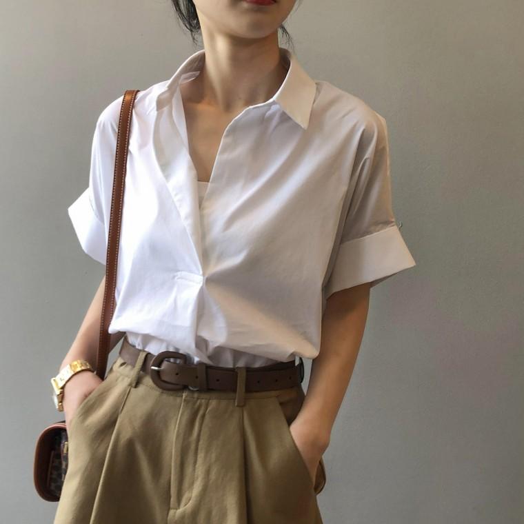 롤업 반팔 개방감 블라우스 흰색 셔츠 하와이안셔츠