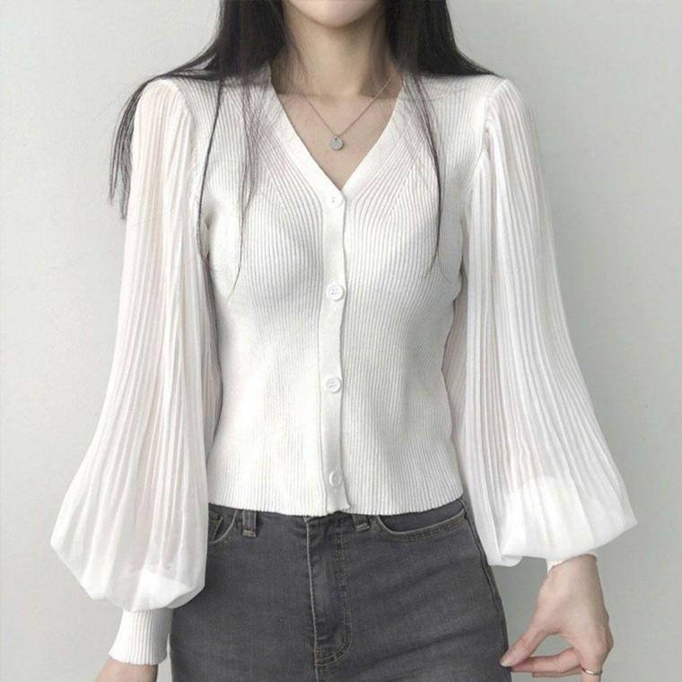 여성 브이넥 블라우스 퍼프 디자인 골지 가디건 세트 간절기 레이어드룩 데일리 아우터