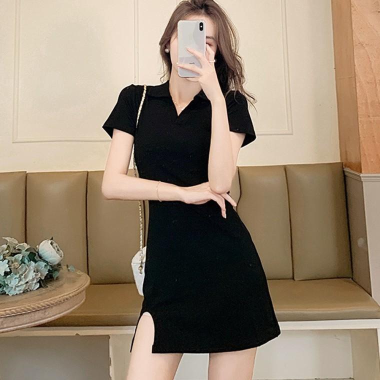 카라 브이넥 밑단 트임 데일리 여자 미니 블랙 원피스