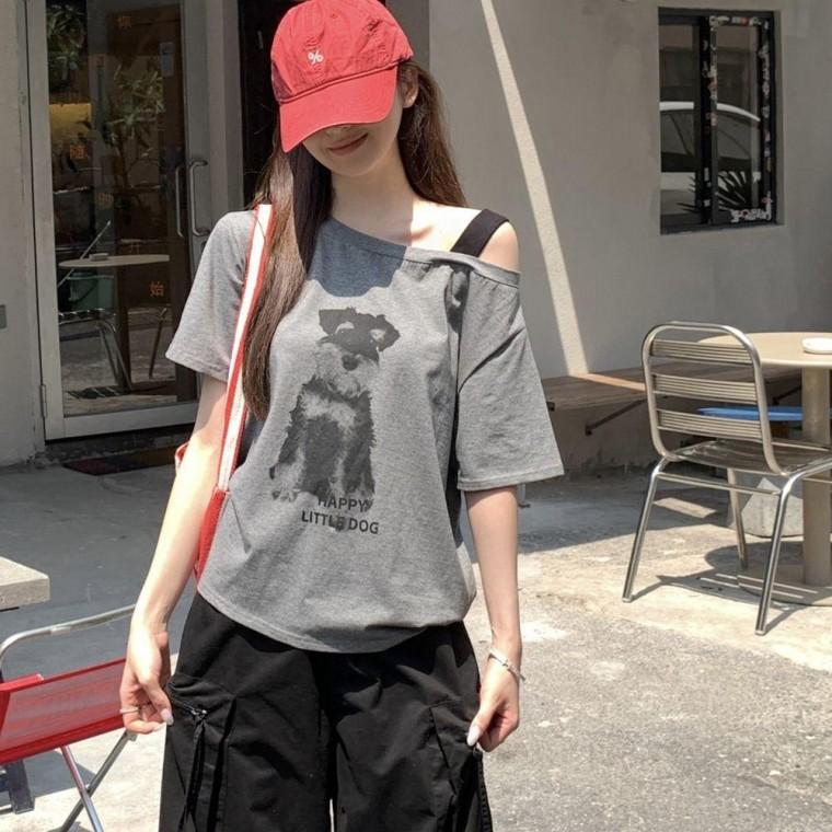 여성용 오프숄더 반팔 티셔츠 언발 데일리 패션 티