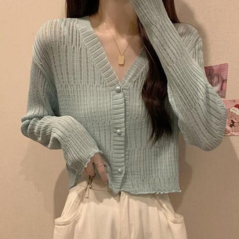 여성 펀칭 브이넥 크롭 간절기 니트 가디건