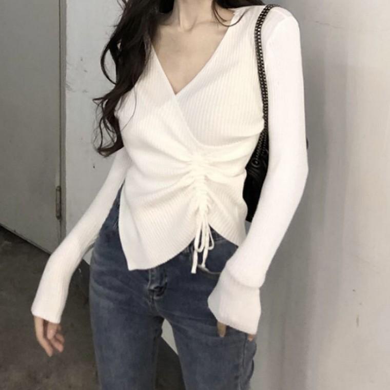 여성 브이넥 랩 니트 스트링 데일리 티셔츠