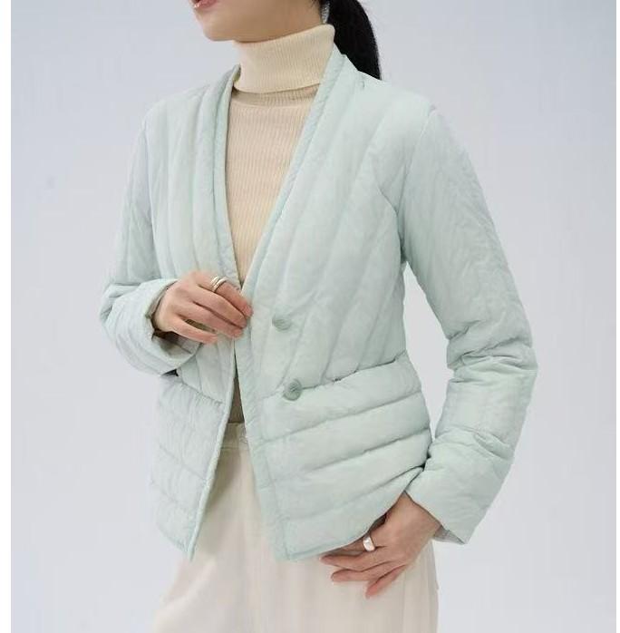 여성 브이넥 오리털 경량패딩 점퍼 투버튼 덕다운 자켓