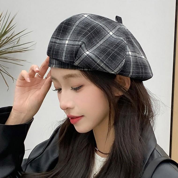 여자 빈티지 체크 패턴 모자 데이트 데일리 패션 베레모