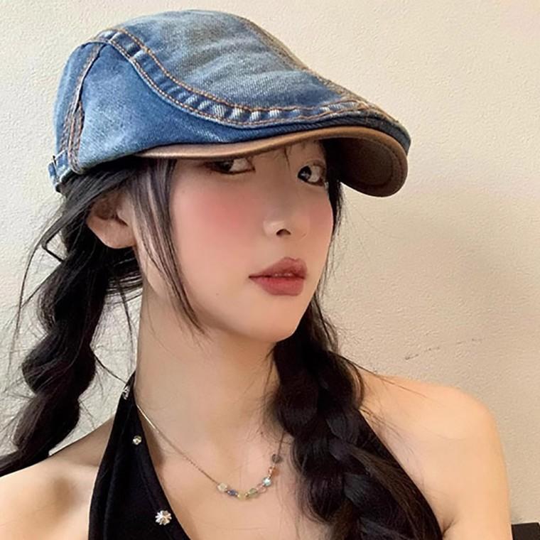 여자 빈티지 스타일 외출 모자 데님 스티치 포인트 헌팅캡