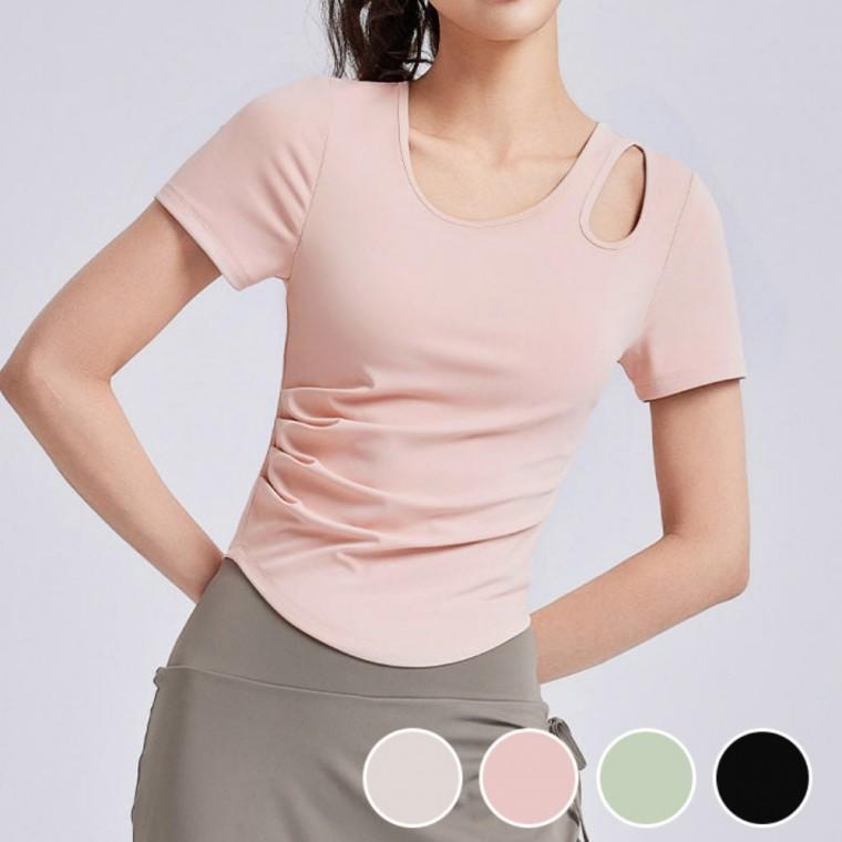 요가 헬스 운동 통기성 스판 원단 어깨 펀칭 셔링 반팔티