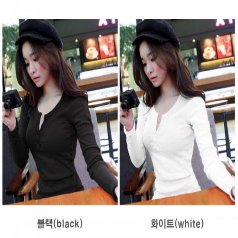 여성긴팔셔츠 3컬러 골지 앞단추 라운드넥 슬림 긴팔티셔츠 사무실 정장 하객룩 현장근무복