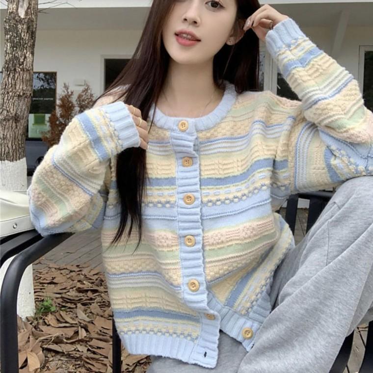 파스텔 컬러 긴팔 줄무늬 가디건 여자 라운드넥 스트라이프 여성가디건 니트가디건 여자가디건
