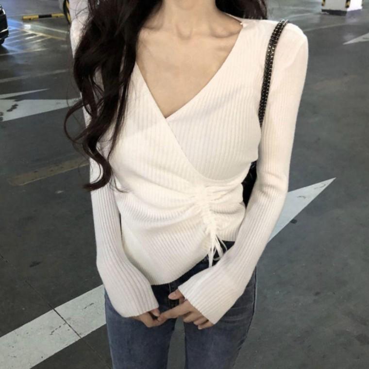 여성용 랩 스트링 니트탑 크로스 브이넥 간절기 데일리 캐주얼