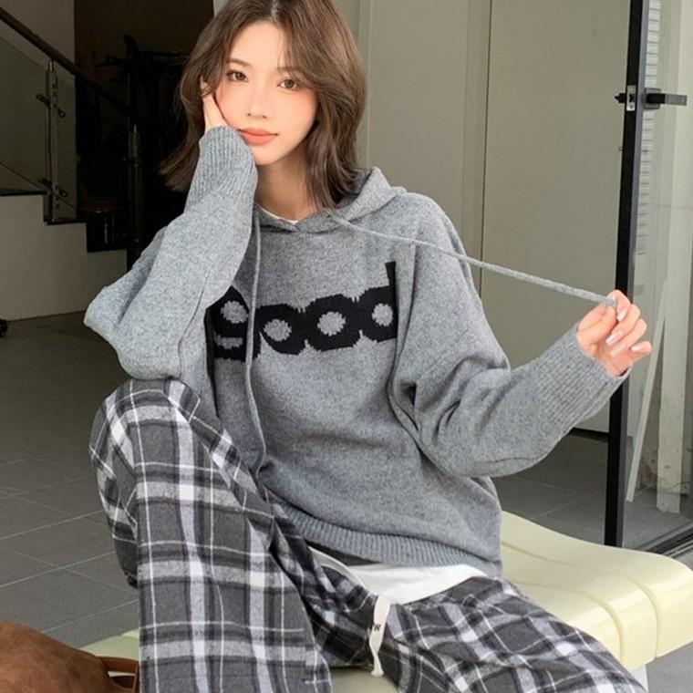 루즈핏 레터링 후드티 니트티셔츠