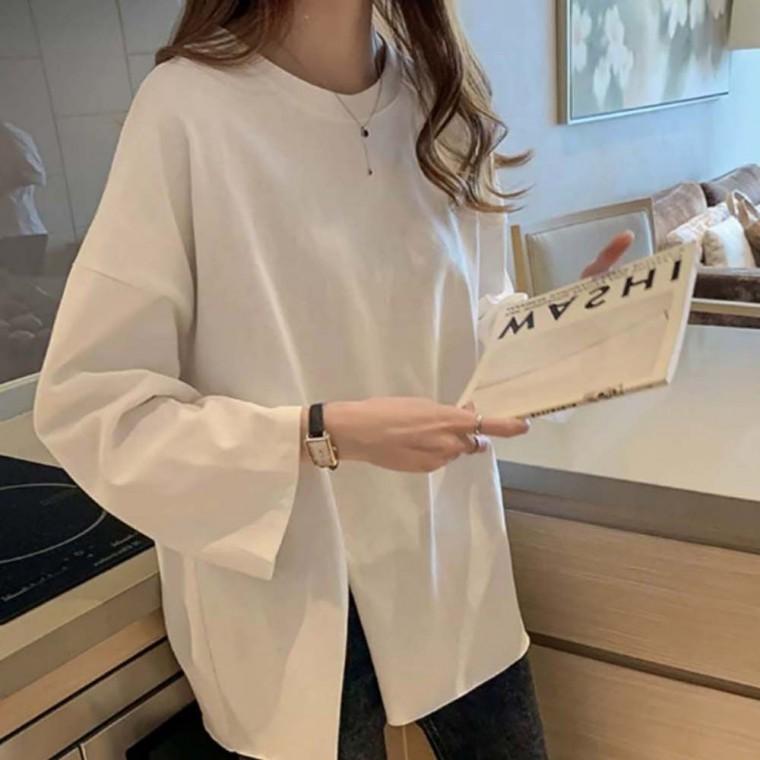 포인트 루즈핏 라운드넥 외출 나들이 긴팔 티셔츠 여자 사이드 절개 얇은니트티 긴팔니트티