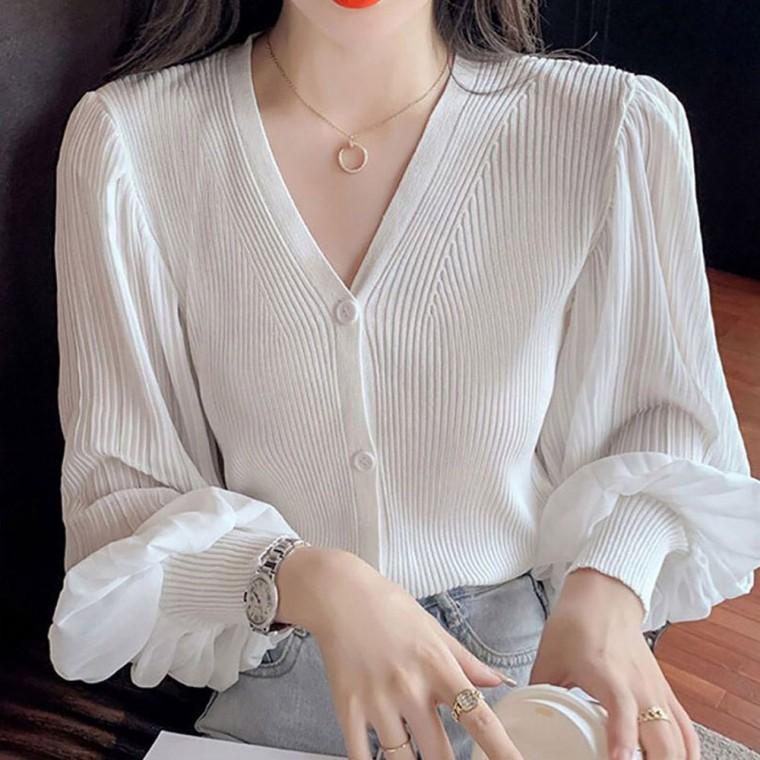 스타일 퍼프 소매 주름 골지 체형 커버 블라우스 여자 플 브이넥 가디건 여성가디건