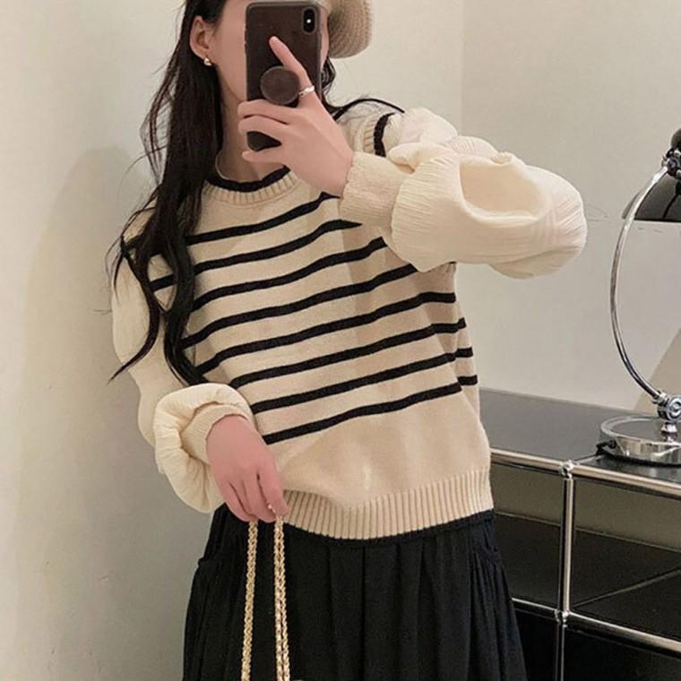 줄무늬 단가라 플 우아한 퍼프 블라우스 여자 외출 패션 여성블라우스셔츠 여자와이셔츠