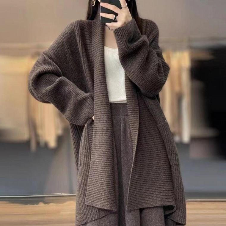 롱 카디건 가디건 오버핏 여성 노버튼 브이넥 니트