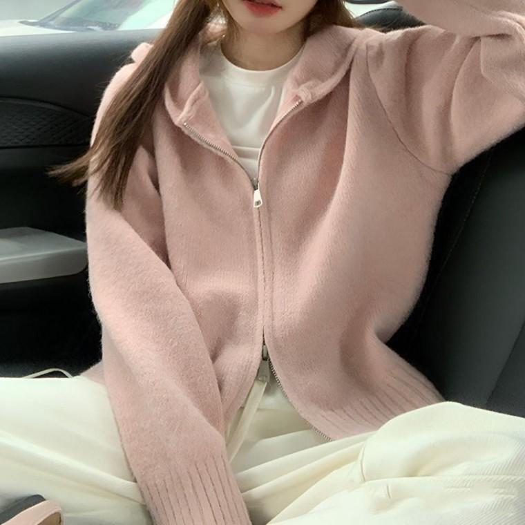 여성 투웨이 집업 후드 베이직 니트 가디건 아우터