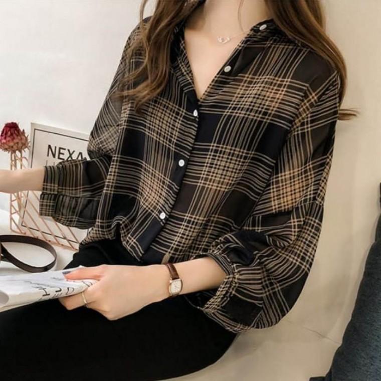 셔츠 체크무늬 깔끔한 카라 카라 스타일 디자인 블라우스 세미정장 세미정장