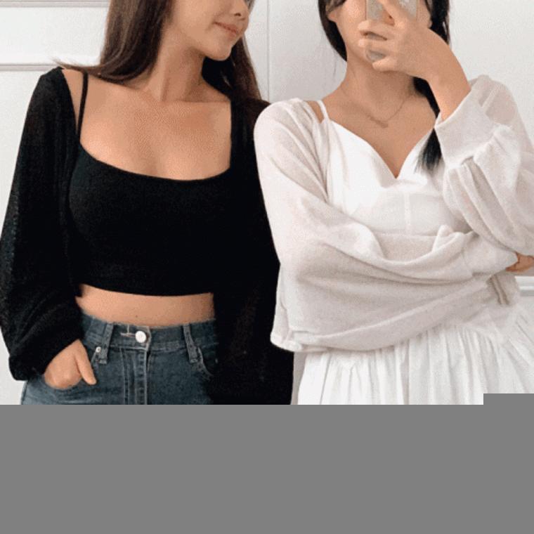 퓨어닉 살안타 시스루 크롭 퍼프 니트 가디건