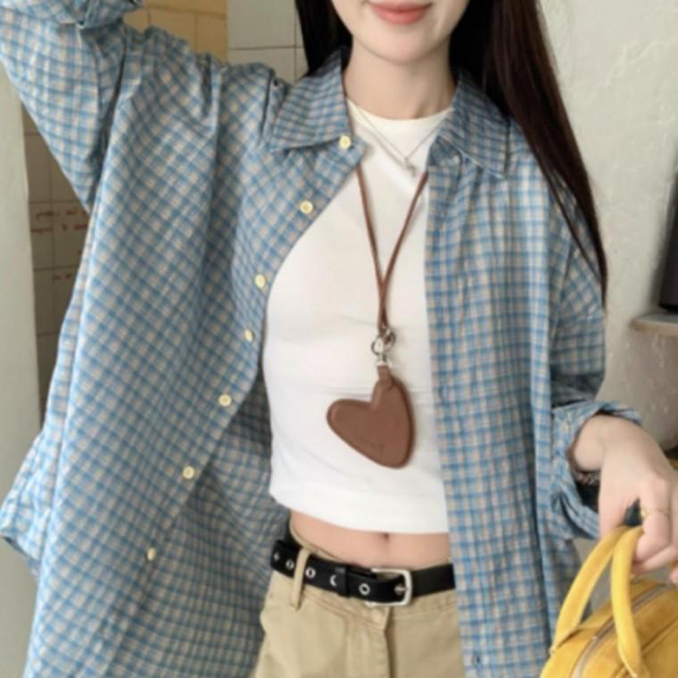 여성 캐주얼 러블리 긴팔 블루 체크 루즈핏 남방 셔츠