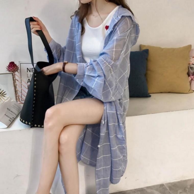 여성 체형커버 격자 후드 남방 긴팔 셔츠 롱 가디건