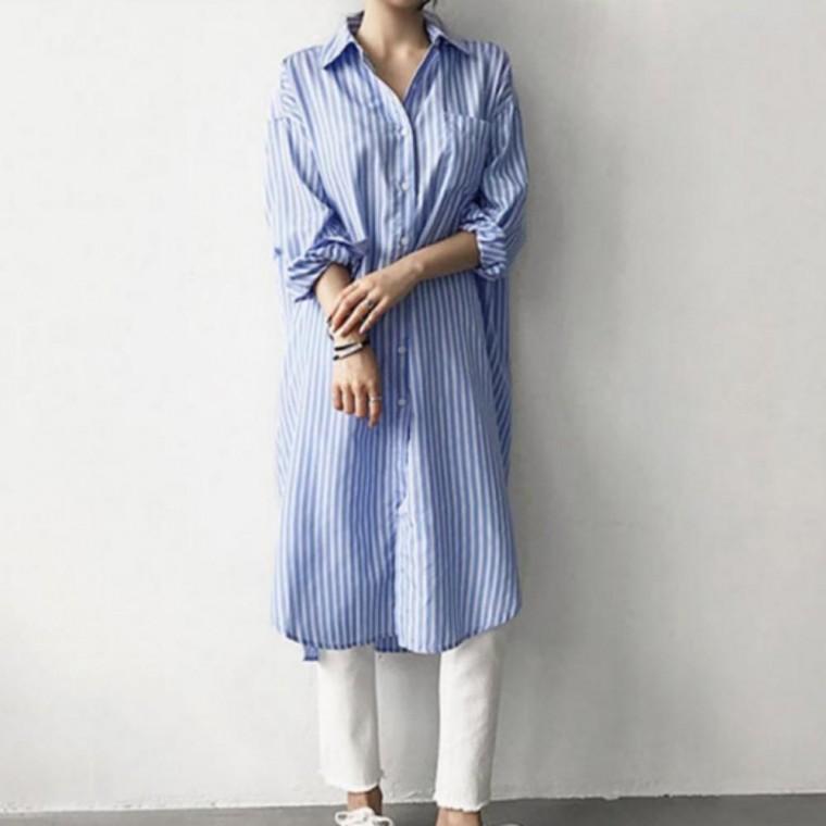 여성 중년 레이어드 셔츠 세로 줄무늬 패턴 롱 원피스