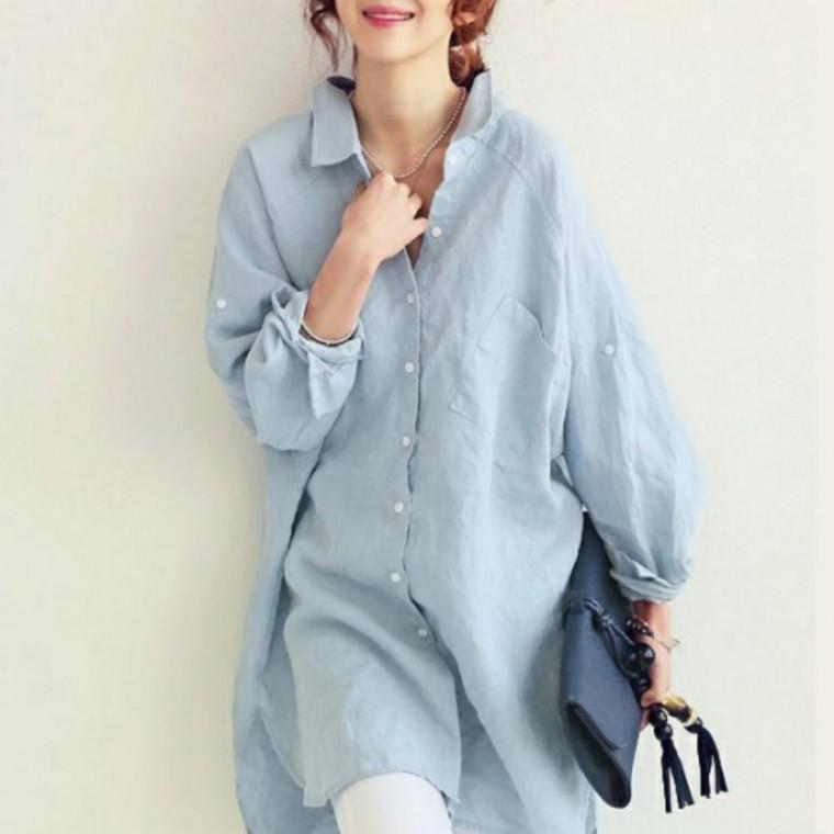 여성 데일리 베이직 무지 단추 롱 남방 루즈핏 셔츠