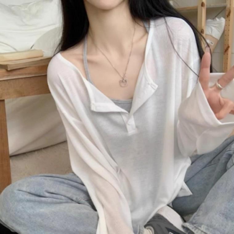 여성 간절기 시스루 긴팔 소프트 헨리넥 루즈핏 티셔츠