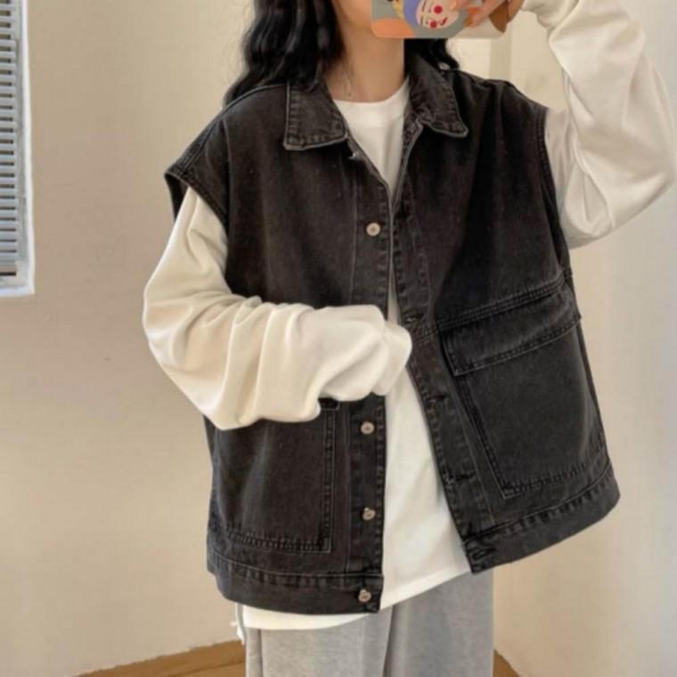 블랙 청 아우터 베스트 진 조끼 빈티지 스트릿 데님