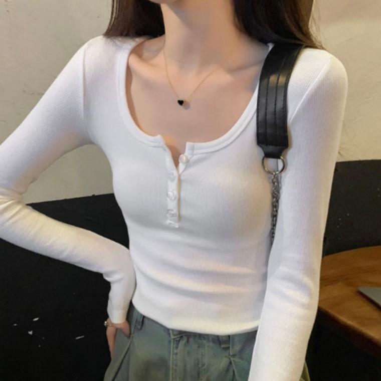 버튼 긴팔 슬림핏 여성 라운드넥 데일리 골지 티셔츠