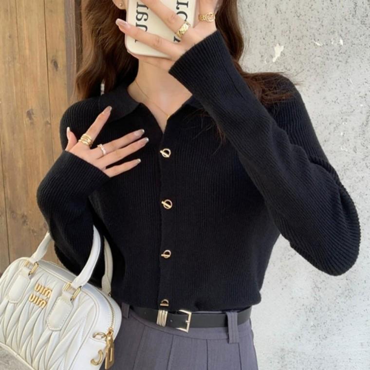 데일리 러블리 긴팔 여자 카라 니트 가디건 슬림핏