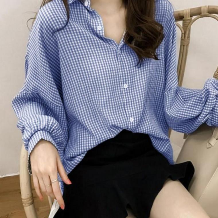 셔츠 스타일 소매 볼륨 체크 패턴 남방 귀여운 여자