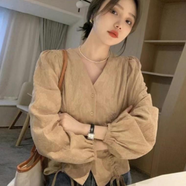 여성 스트랩 브이넥 셔링 셔츠 퍼프 리본 블라우스 고급
