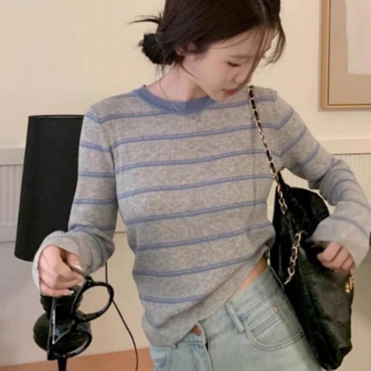 여성 니트 슬림핏 티셔츠 스트라이프 여리핏 소프트