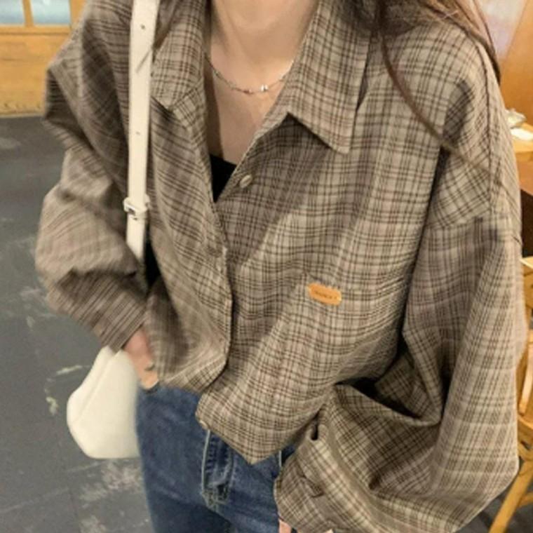 셔츠 레이어드 체크 캐주얼 오버핏 루즈핏 긴팔 여성