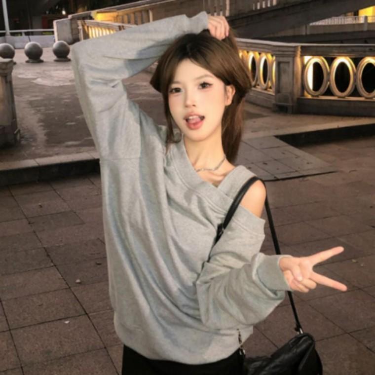 티셔츠 루즈핏 오프숄더 스트랩 캐주얼 맨투맨 여성