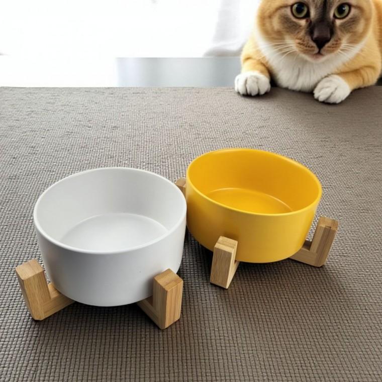 도자기 16cm 고양이 식기 밥그릇 나무받침 반려동물 강아지