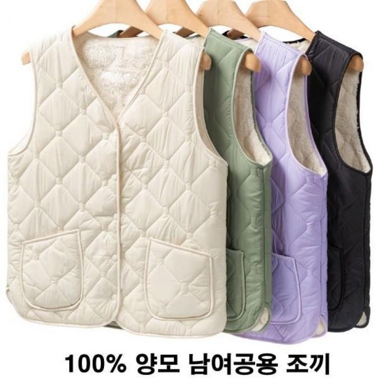 포근한 패딩조끼 단추 패딩 누빔 양모 여성 100% 조끼 양털 경량 남여공용 보온