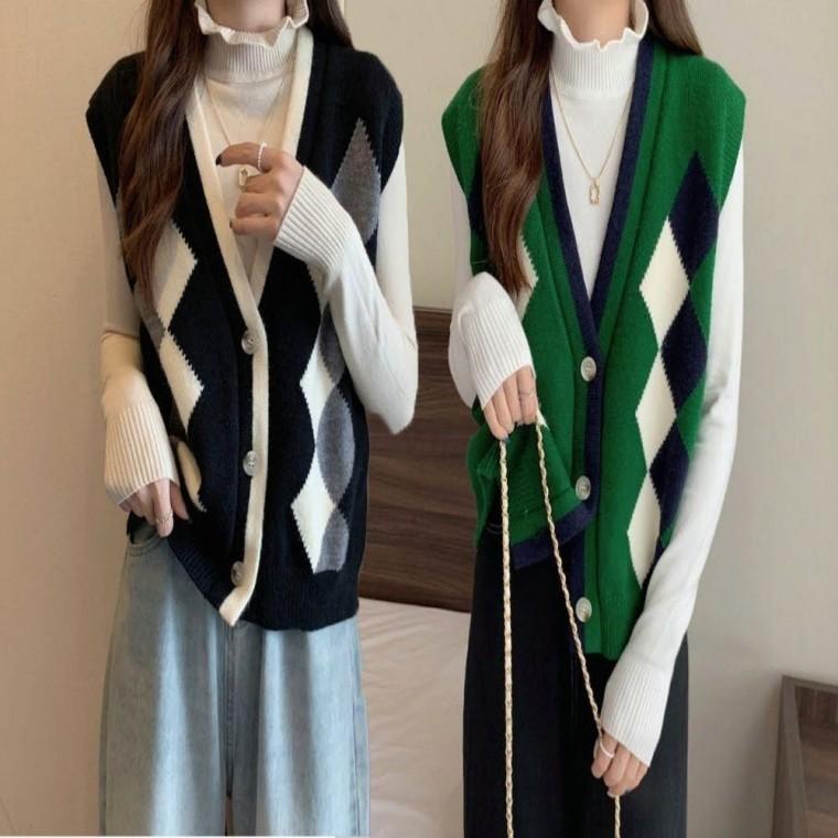 쪼끼 가디건 딥 아가일 패턴 V넥 여성 니트 여성 조끼