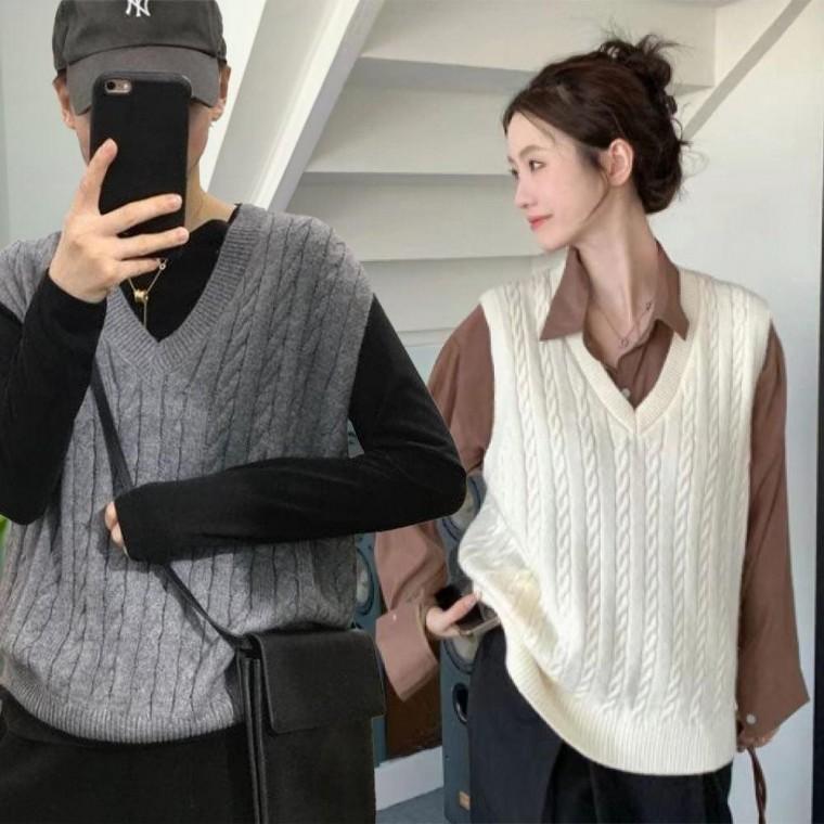 루즈핏 여자 니트조끼 간절기 케이블 베스트 쪼끼 V넥 니트 간절기패션