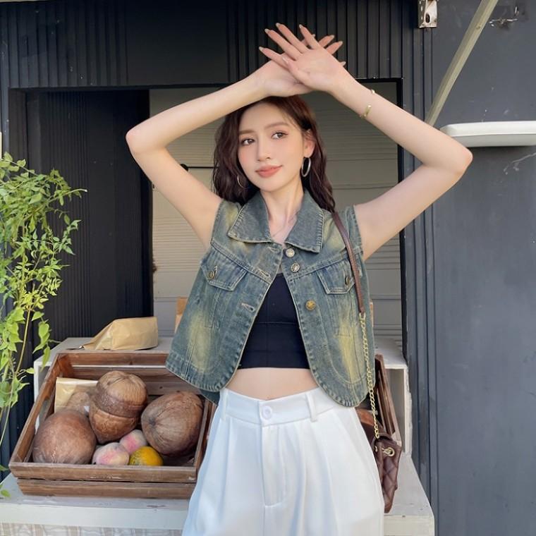 F263431 2컬러 빈티지 루즈핏 청 데님 조끼 데일리 코디탬