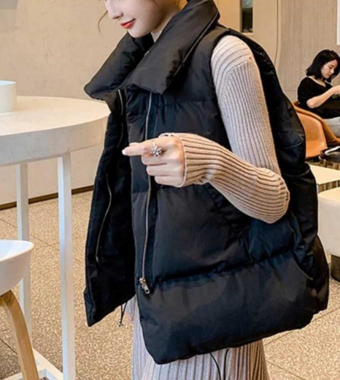 검정패딩 조끼 여성 경량 오버핏 하이넥 겨울 여자 대학생 데일리