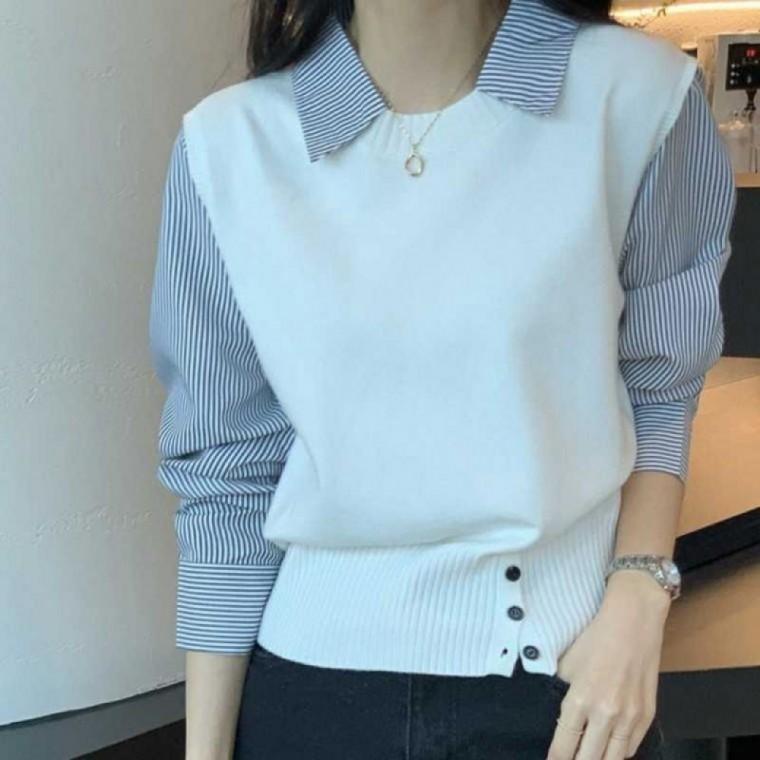 스트라이프셔츠 셔츠 스트라이프 여성셔츠 레이어드 페이크 니트 오피스룩 여성조끼