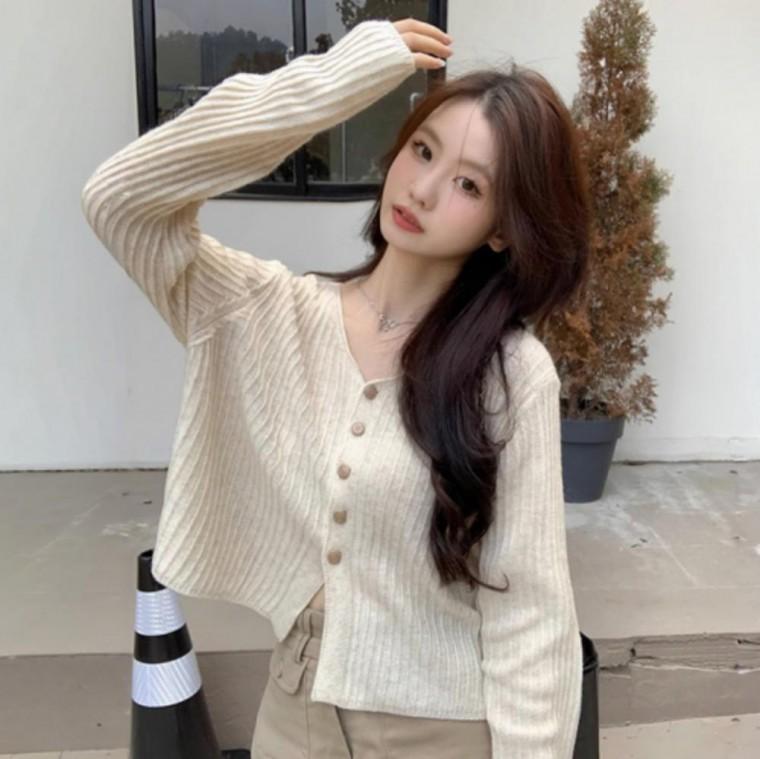 여성 미니멀 골지 세미 크롭 긴팔 니트 가디건 4컬러