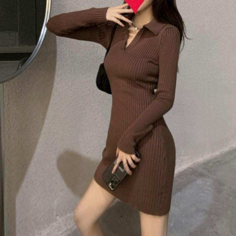 슬림핏 글램 원피스 카라 골지 긴팔 여성 미니 V넥