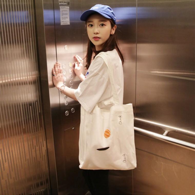 학생가방 심플 자수 보조가방 에코백 캔버스 숄더백