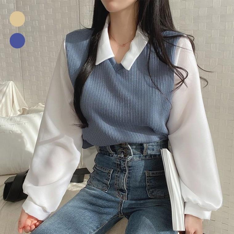 조끼 블라우스 레이어드 페이크 카라 여자 긴팔티셔츠