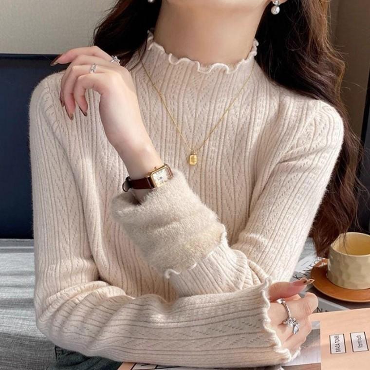 티셔츠 기모 반폴라 이너 겨울 여성 반목티셔츠 베이지