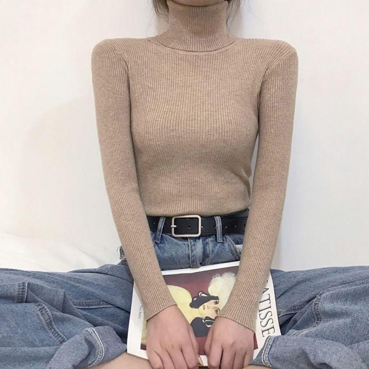 여자 기본 스타일 슬림 라인 골지 겨울 외출 긴팔 목티 니트티