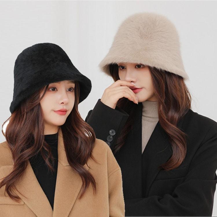 여성스런 겨울모자 인조 토끼퍼 둥근쉐입 버킷햇