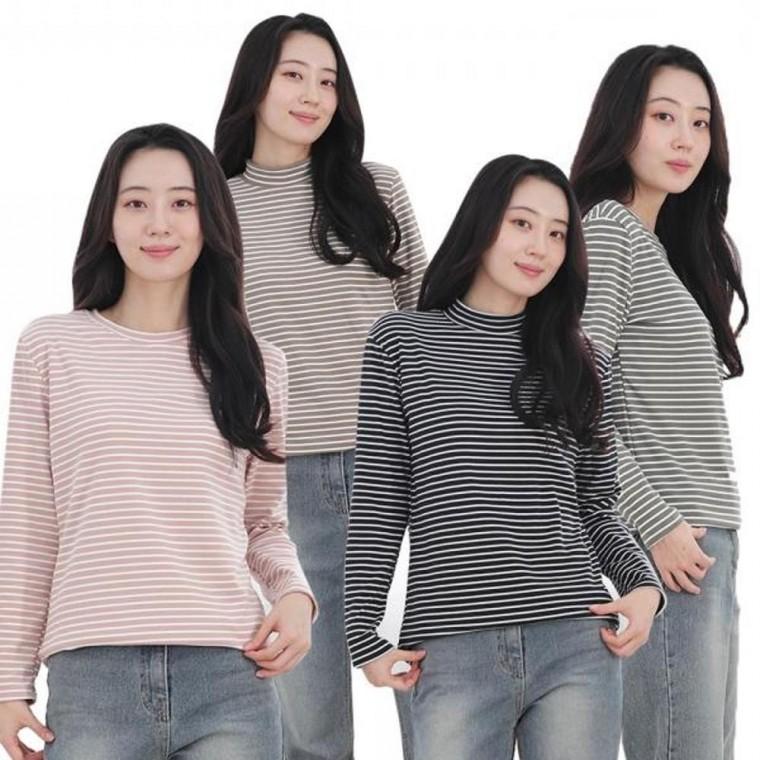 양면기모 여성 스판 티셔츠 겨울 가을 부드러운 단가라 스트라이프 이너티