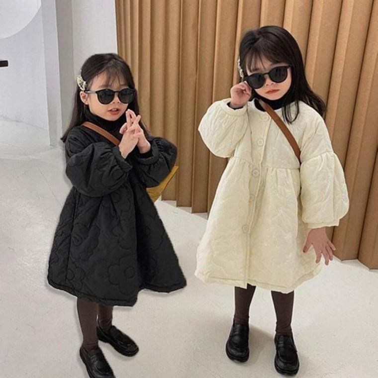 여아 아동 겨울 꽃 누빔 벌룬 소매 롱 패딩 자켓 점퍼